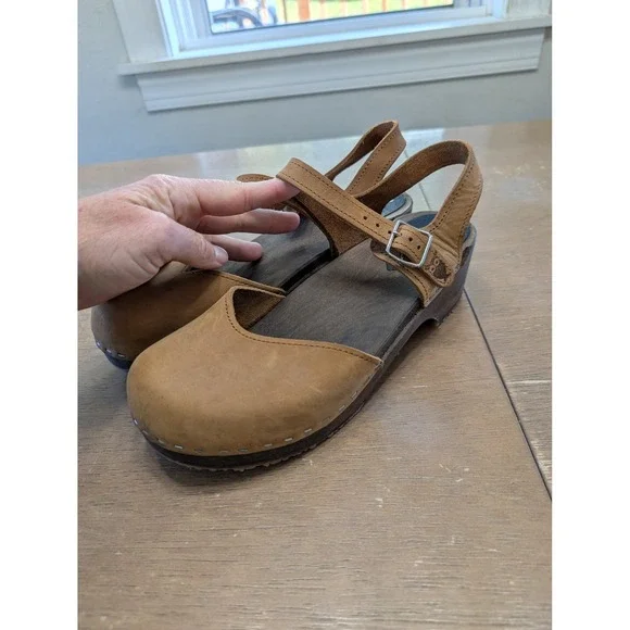 Sandgrens Saragasso Classic Clogs Women's 39 Tan Leather Wooden MaryJane Swedish - Picture 4 of 11